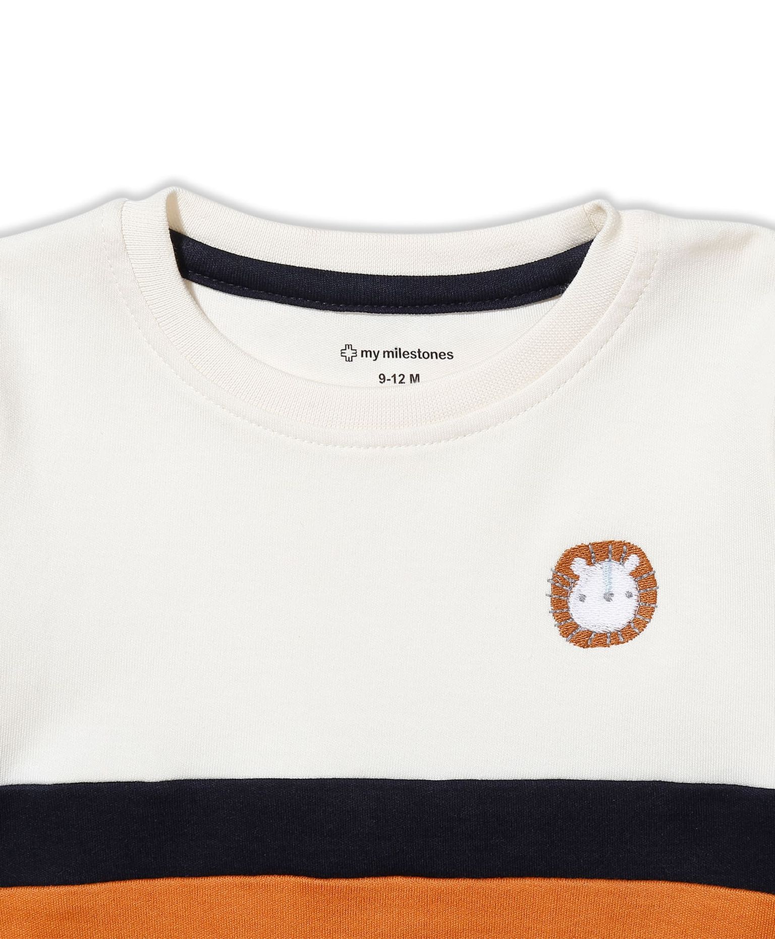 100% Cotton Color Block Lion Embroidery Set N Suit - Off White/Orange