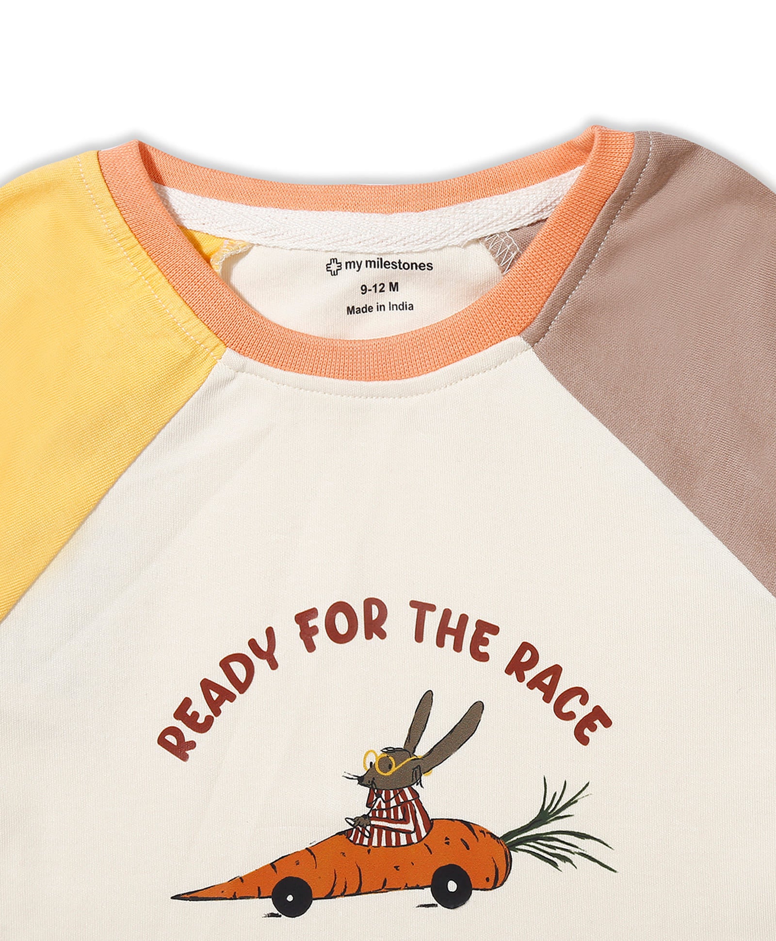 100% Cotton Full Sleeves Printed Color Block Tee & Joggers Set N Suit - Ecru/Fawn/Yellow