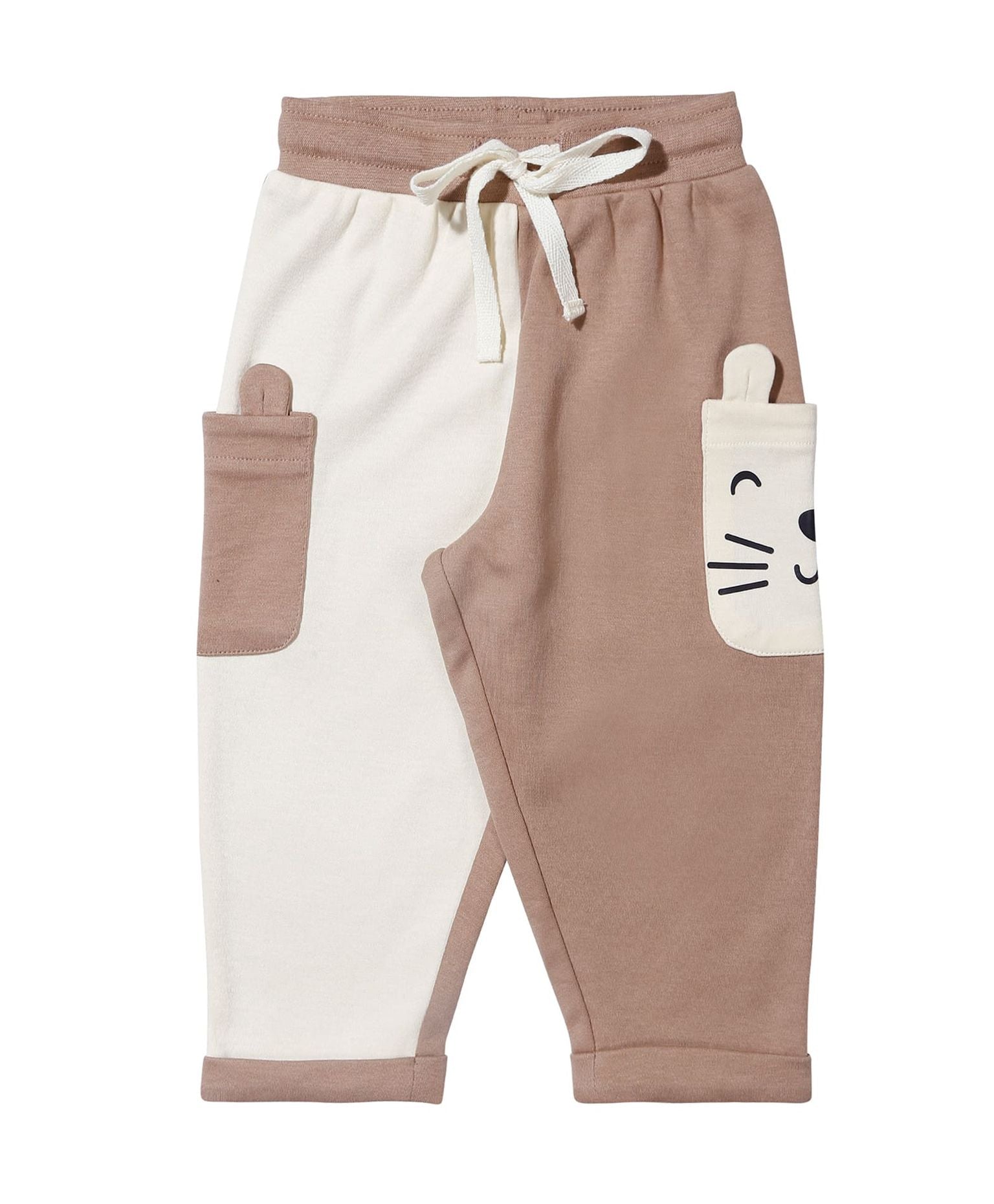 100% Cotton Full Sleeves Color Block Drop Top & Bottom Set - Ecru/Fawn