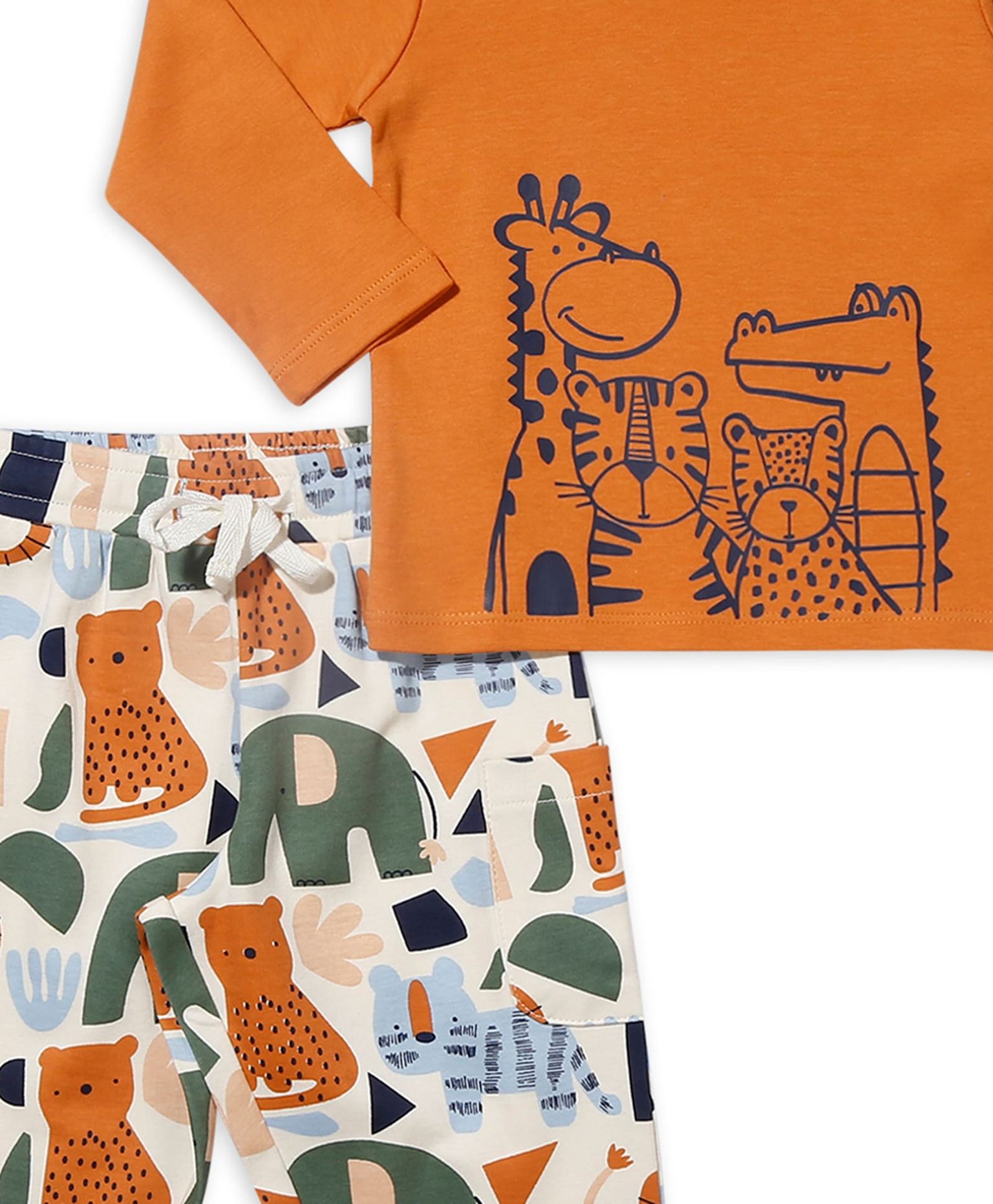 100% Cotton Full Sleeves Animal Printed Tee With Aop Joggers - Orange/Ecru