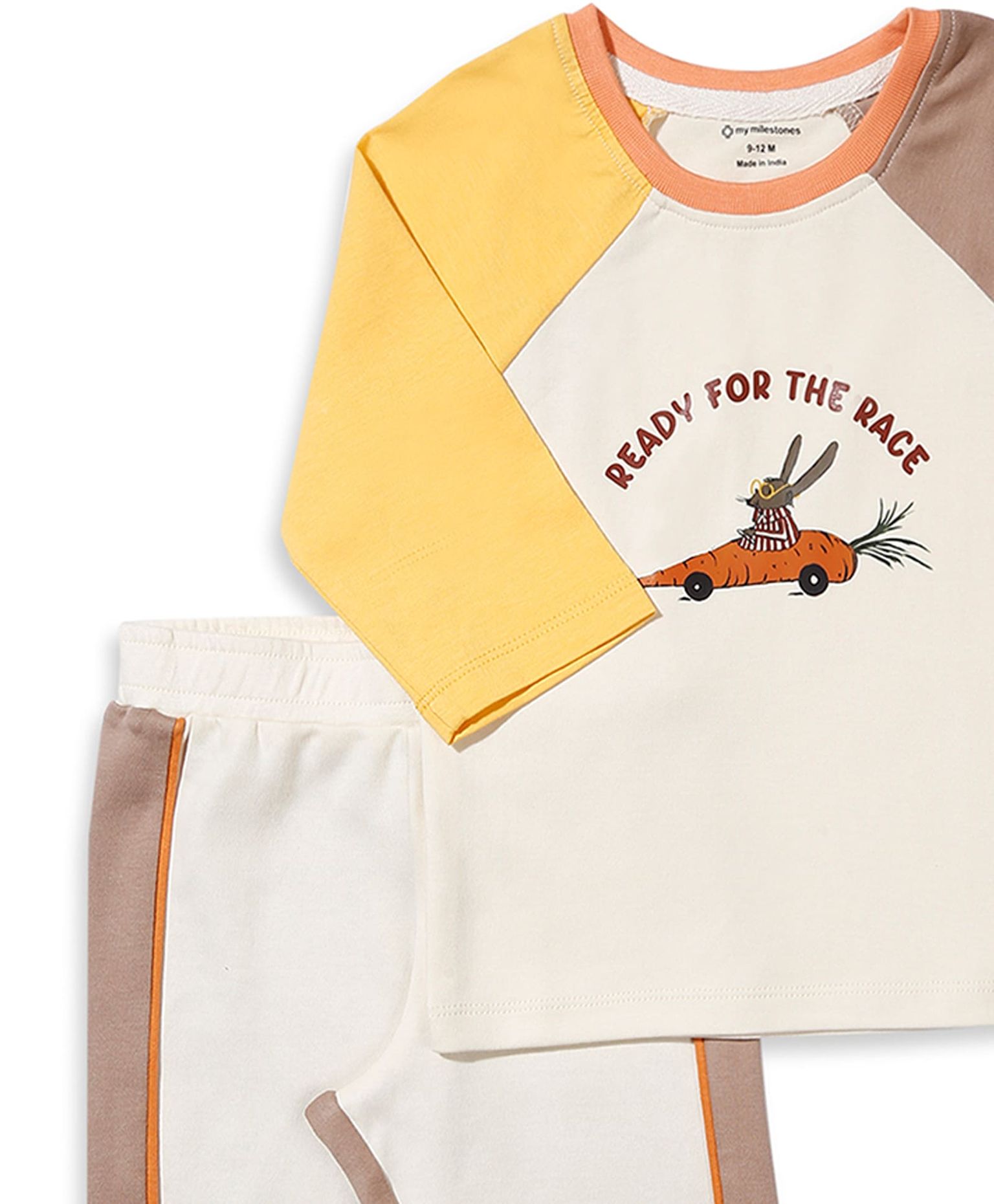 100% Cotton Full Sleeves Printed Color Block Tee & Joggers Set N Suit - Ecru/Fawn/Yellow