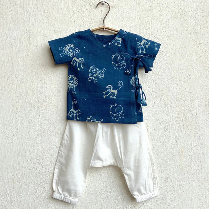 Unisex Organic Zoo Print Indigo Angarakha Top + White Pants