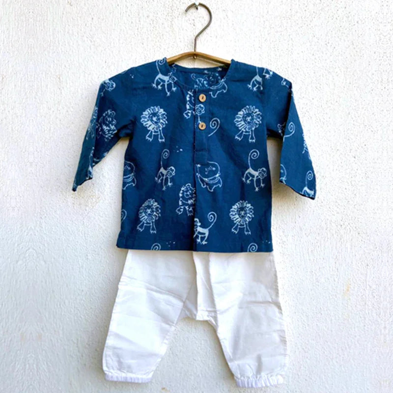 Unisex Organic Zoo Print Indigo Kurta + White Pants