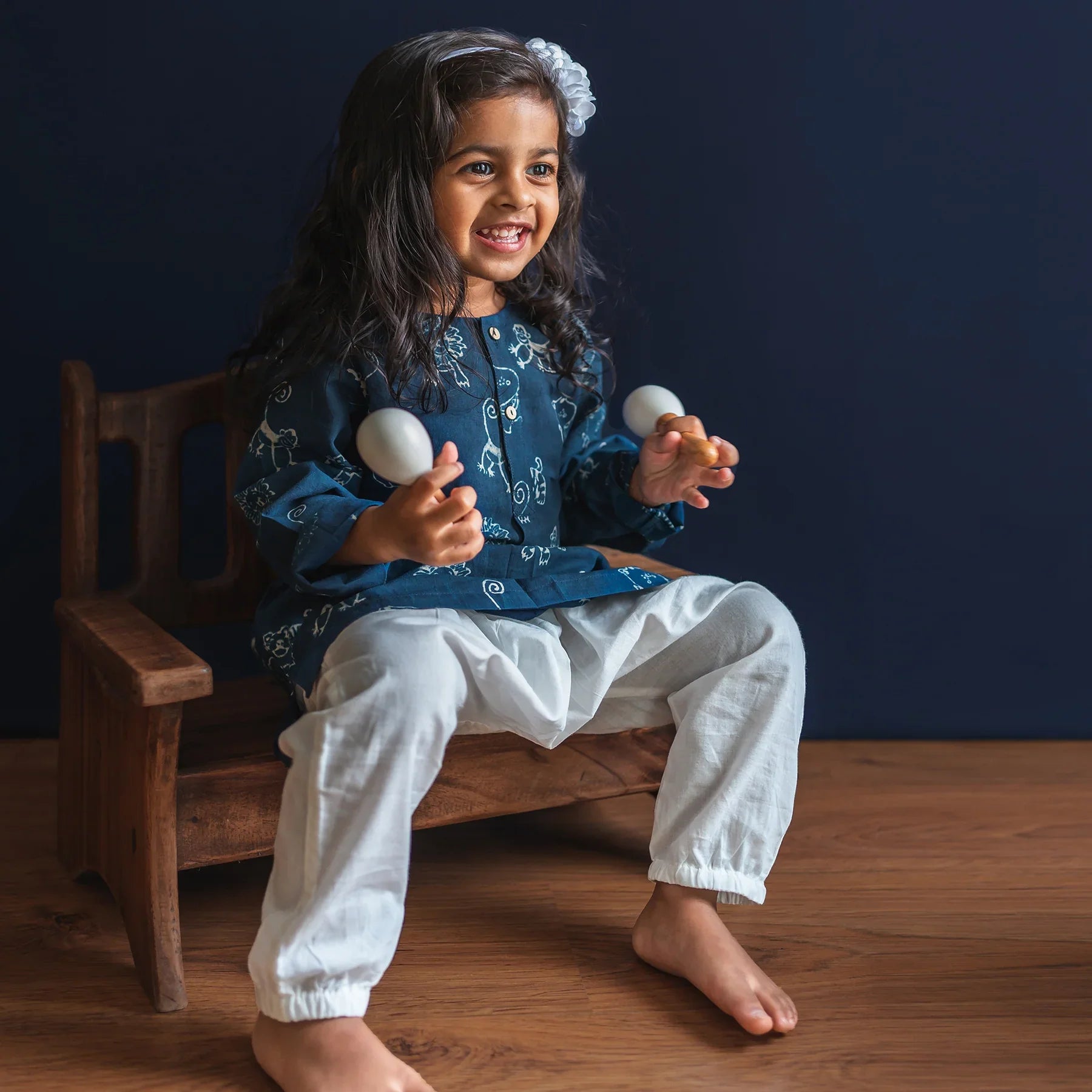 Unisex Organic Zoo Print Indigo Kurta + White Pants