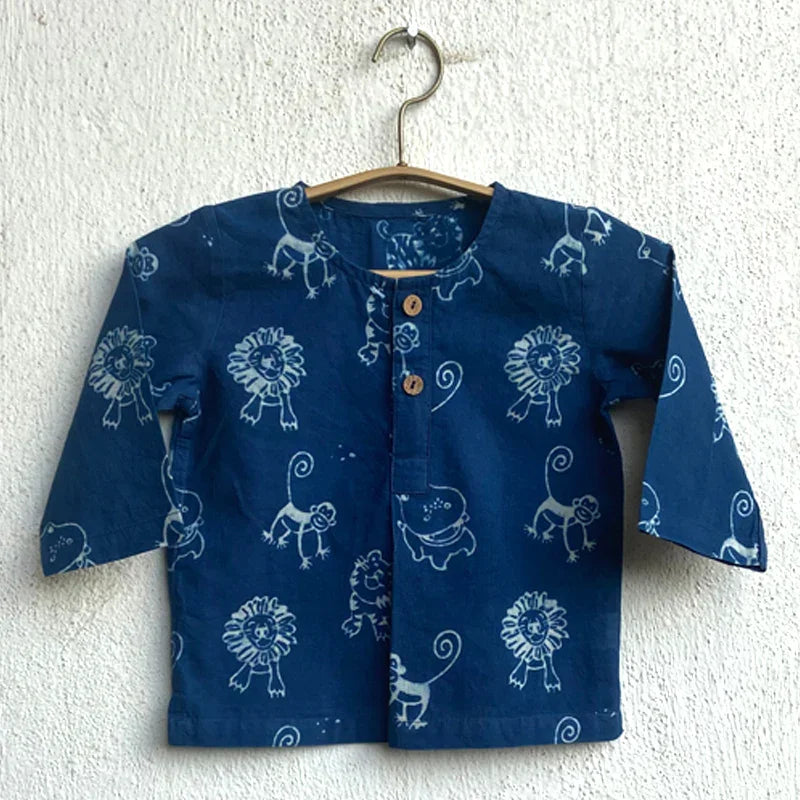 Unisex Organic Zoo Print Indigo Kurta + White Pants