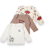 Three children's shirts with different designs on a white background