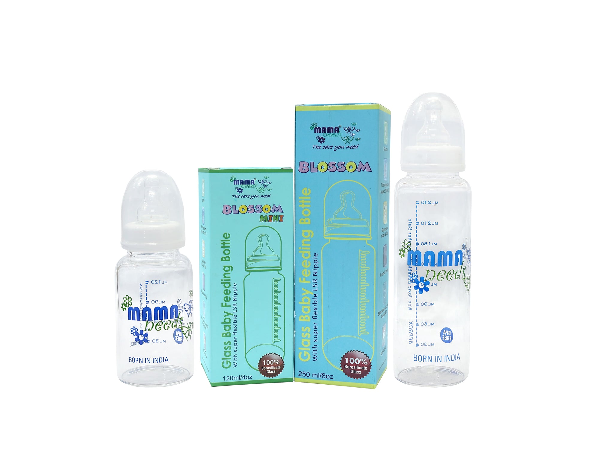 BLOSSOM, 250 ml & BLOSSOM MINI, 120 ml, 100% Borosilicate Glass Feeding Bottle (Pack of 2)