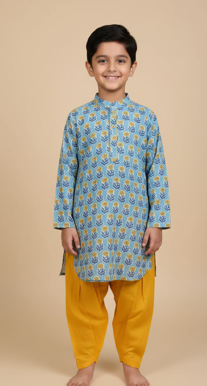 Blue floral kurta with yellow payjama