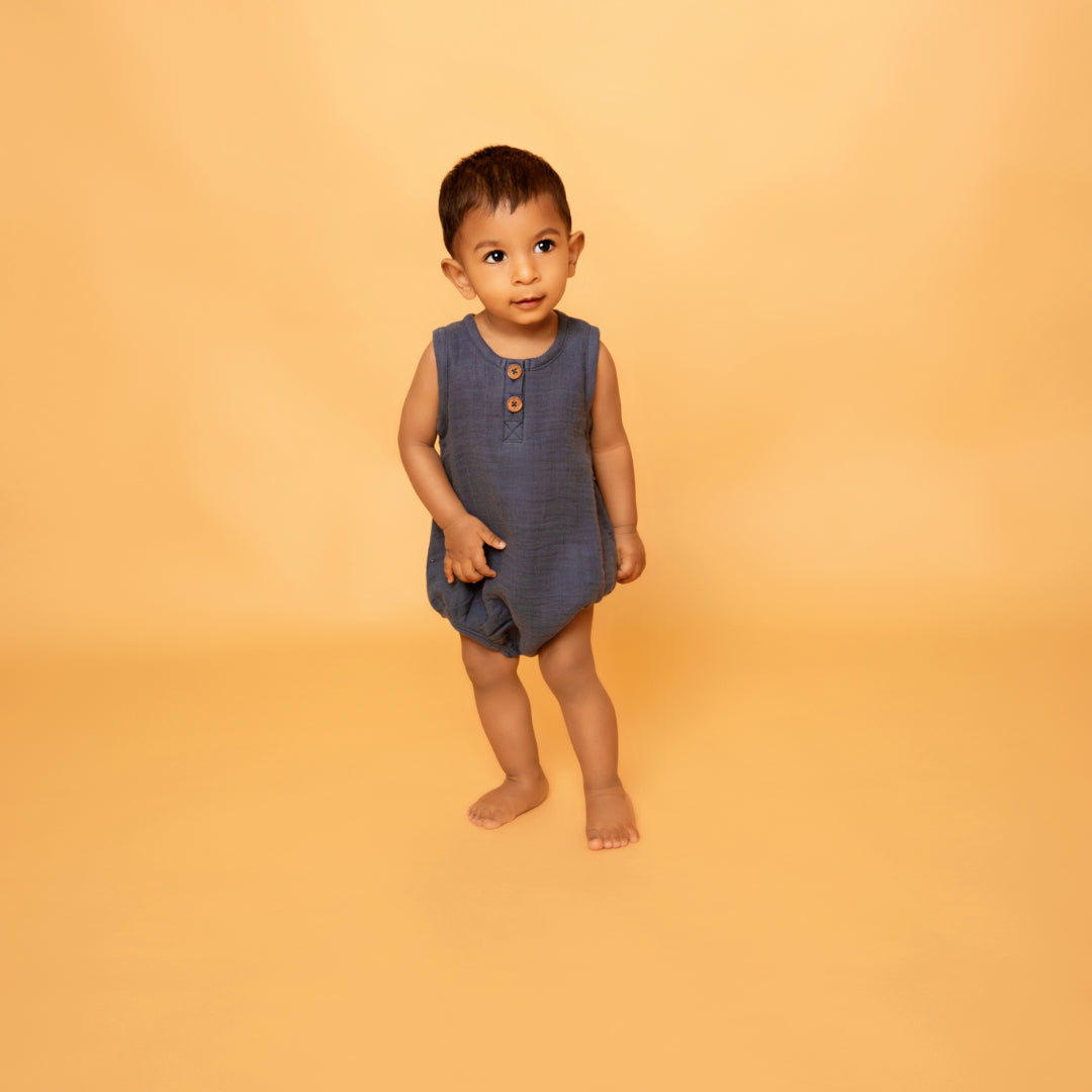 Organic Muslin Bubble Romper-Navy
