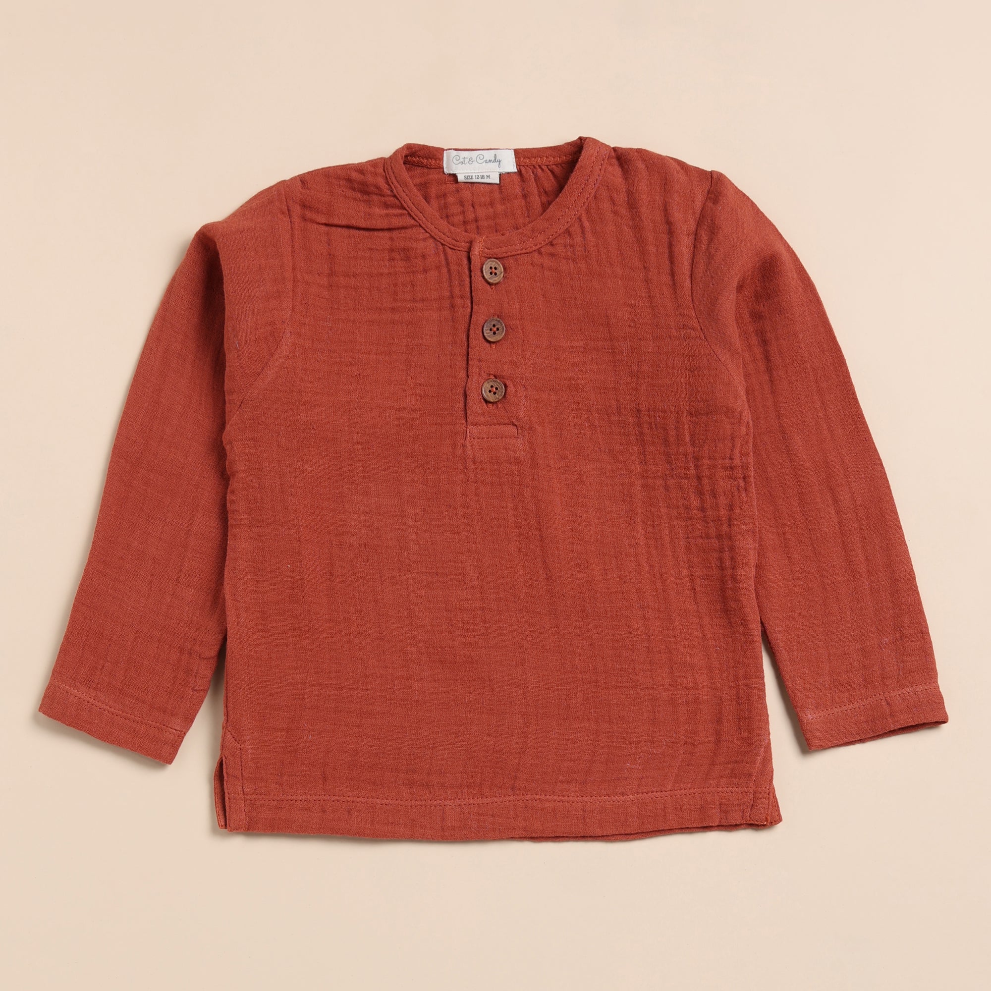 Organic Muslin Long Sleeve Henley T-Shirt-Picante