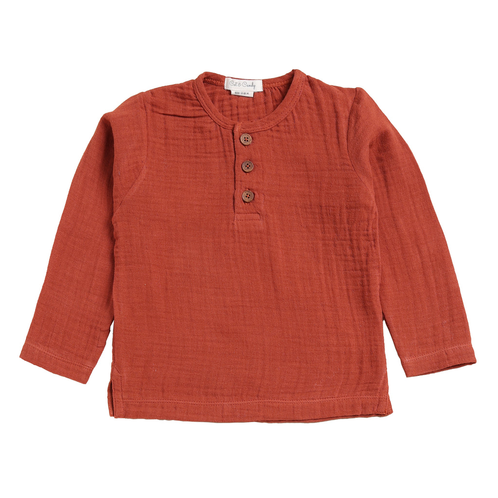 Organic Muslin Long Sleeve Henley T-Shirt-Picante