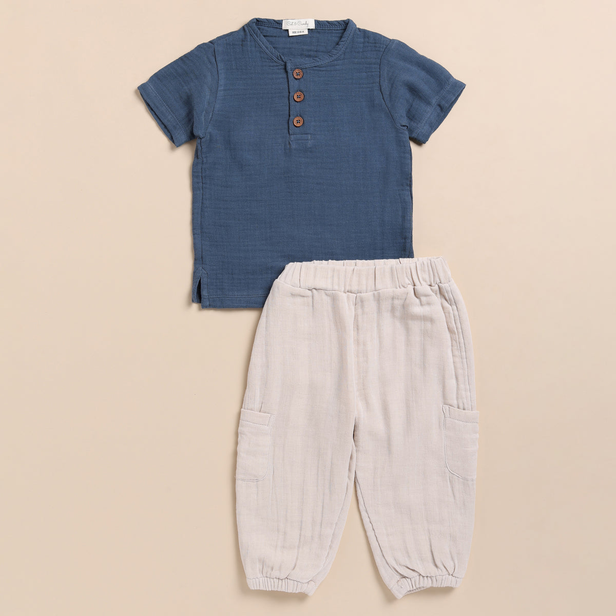 Organic Muslin Short Sleeve Henley Tshirt With Lounge Pant Set-Navy + Oatmeal