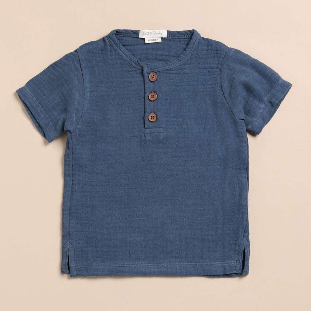 Organic Muslin Short Sleeve Henley Tshirt With Lounge Pant Set-Navy + Oatmeal