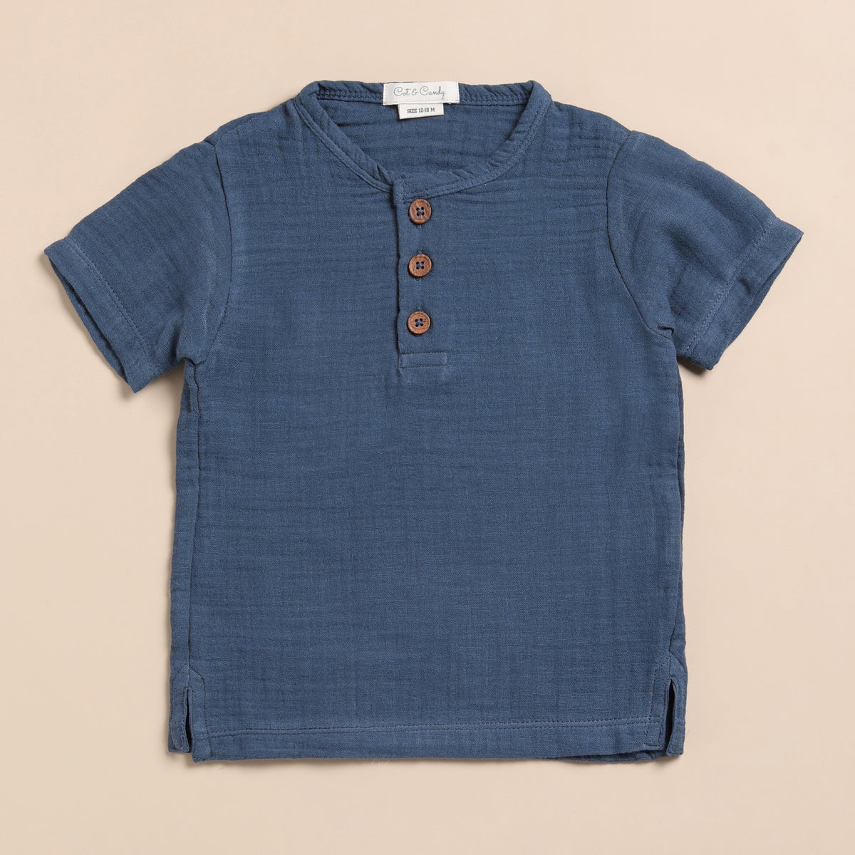 Organic Muslin Short Sleeve Henley Tshirt With Lounge Pant Set-Navy + Oatmeal