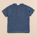 Organic Muslin Short Sleeve Henley Tshirt With Lounge Pant Set-Navy + Oatmeal