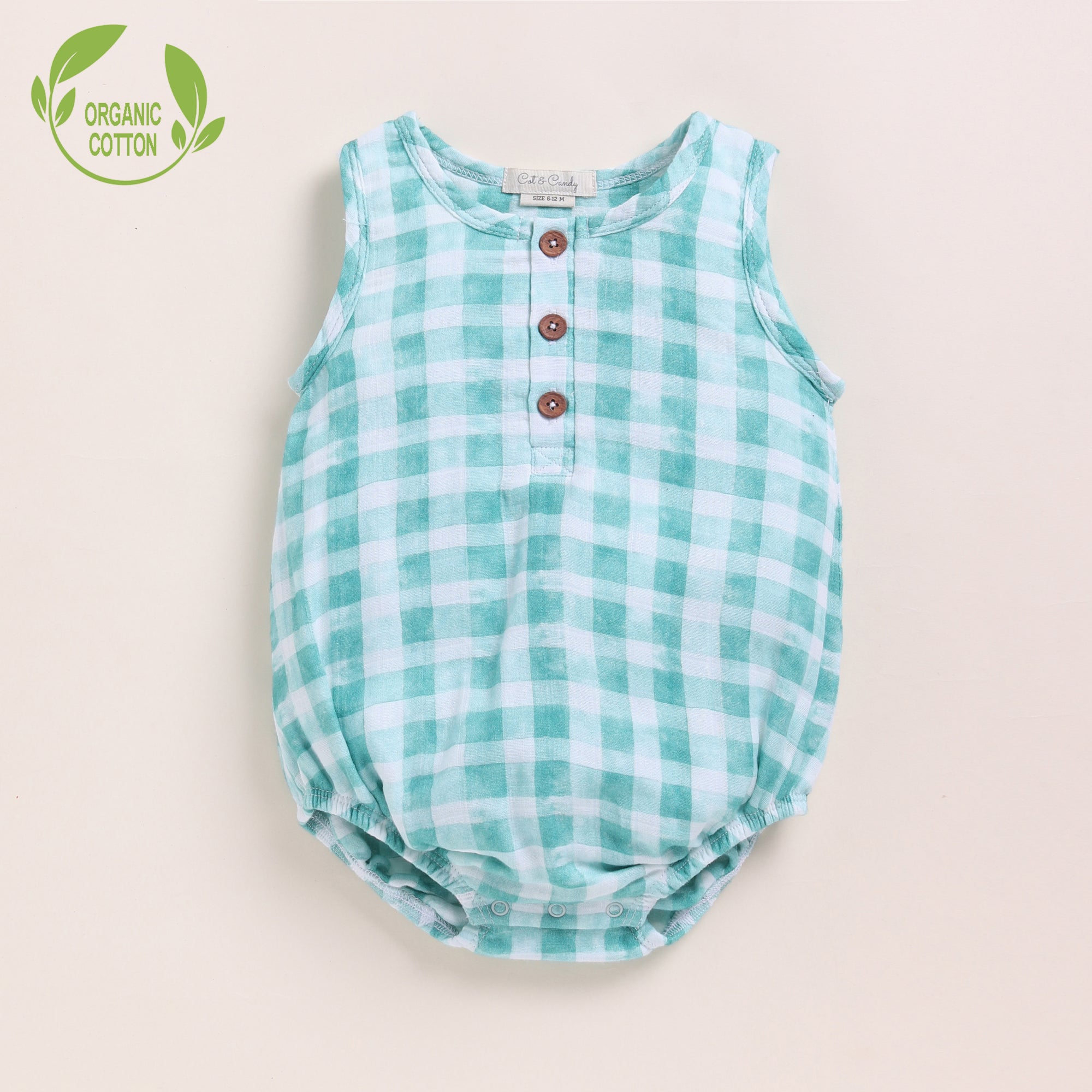Organic Muslin Bubble Romper-Teal Checks Print
