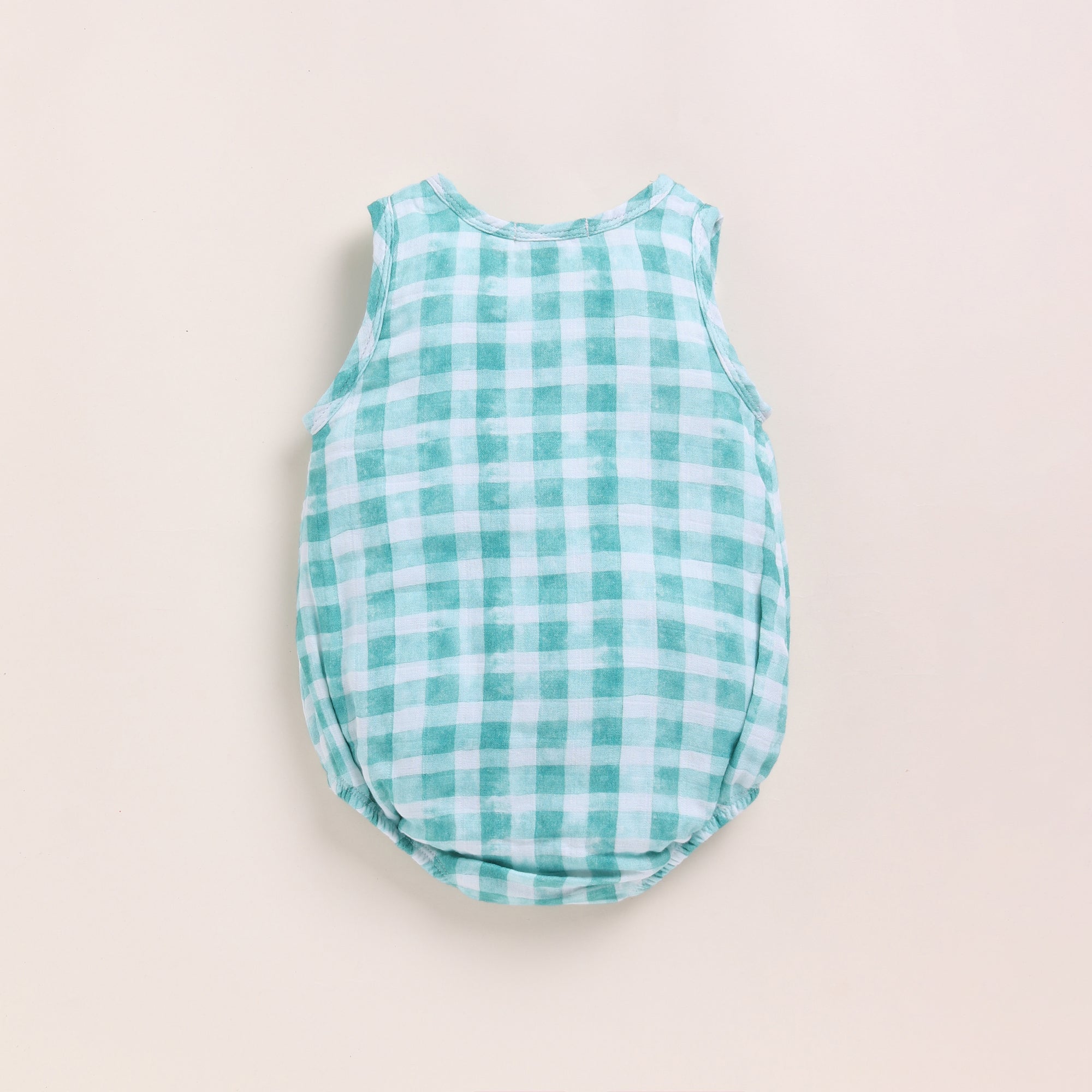 Organic Muslin Bubble Romper-Teal Checks Print