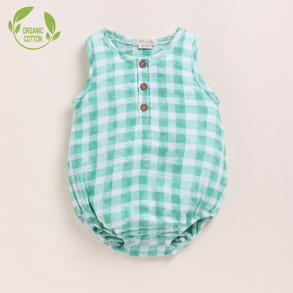 Organic Muslin Bubble Romper-Sage Checks Print