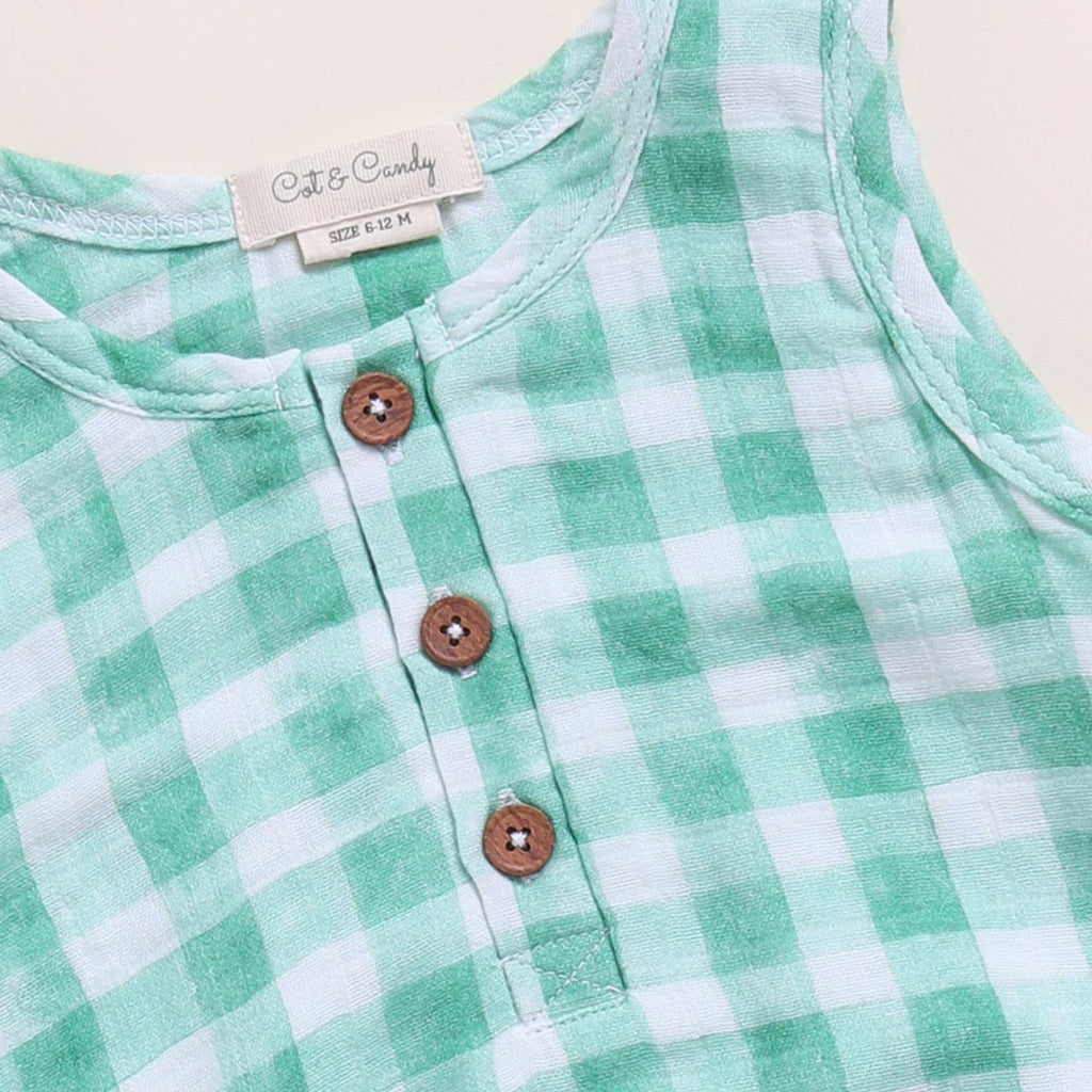 Organic Muslin Bubble Romper-Sage Checks Print