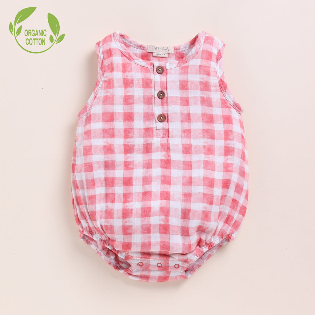 Organic Muslin Bubble Romper-Pink Checks