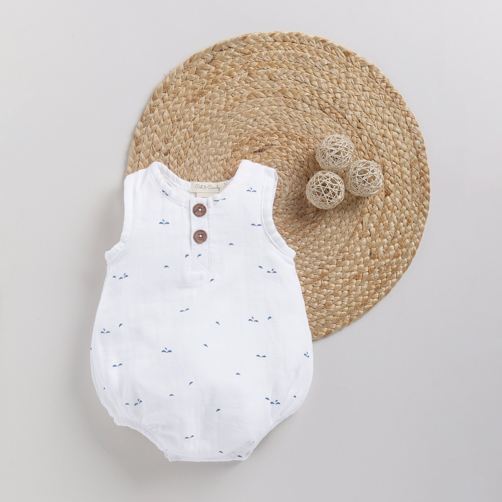 Organic Muslin Bubble Romper-Blue Dot Print