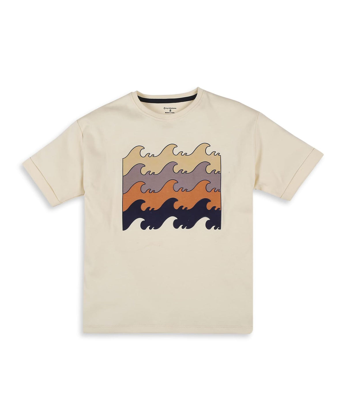 100% Cotton Drop Shoulder Tee With Wave Color Block Print - Ecru