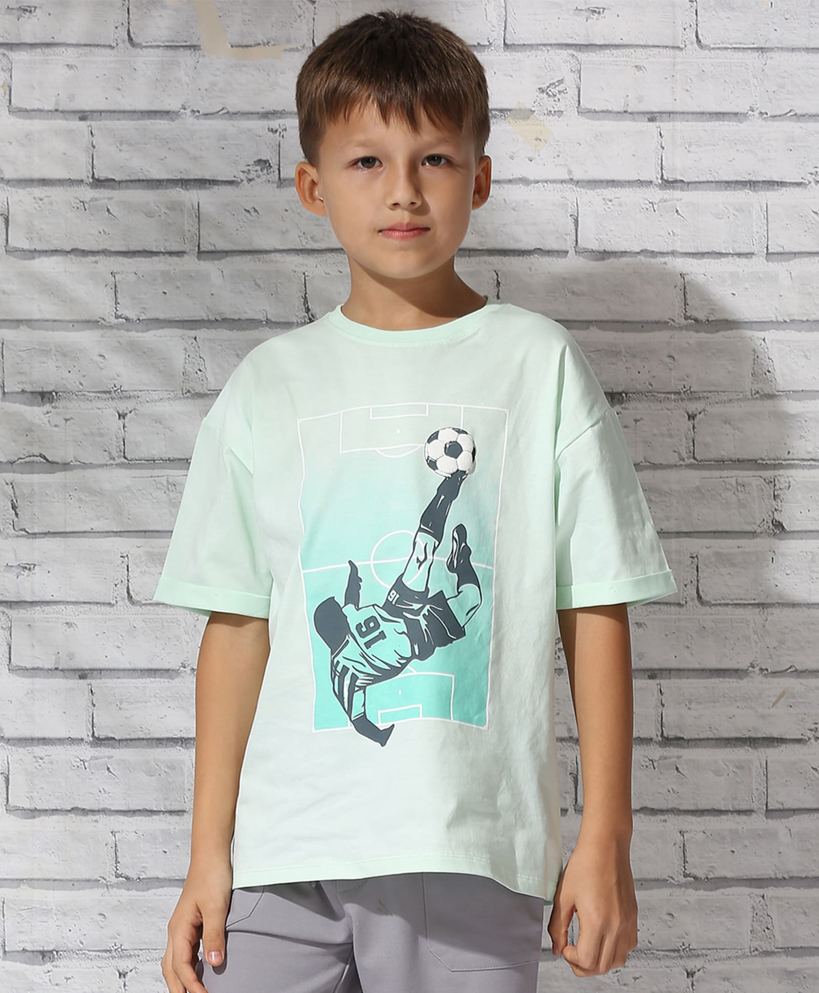 100% Cotton Gradient Football Print Drop Shoulder Tee - Light Green
