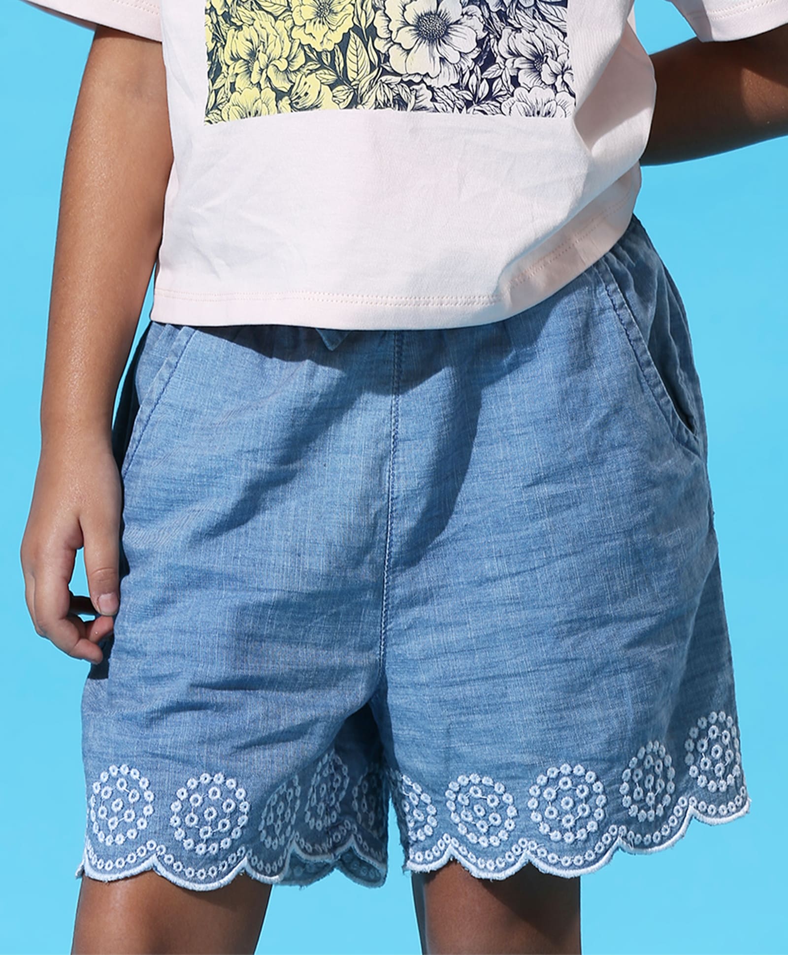 100% Cotton Schiffli Shorts - Blue