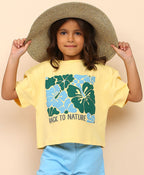 100% Cotton Nature Print Drop Shoulder Crop Tee - Yellow