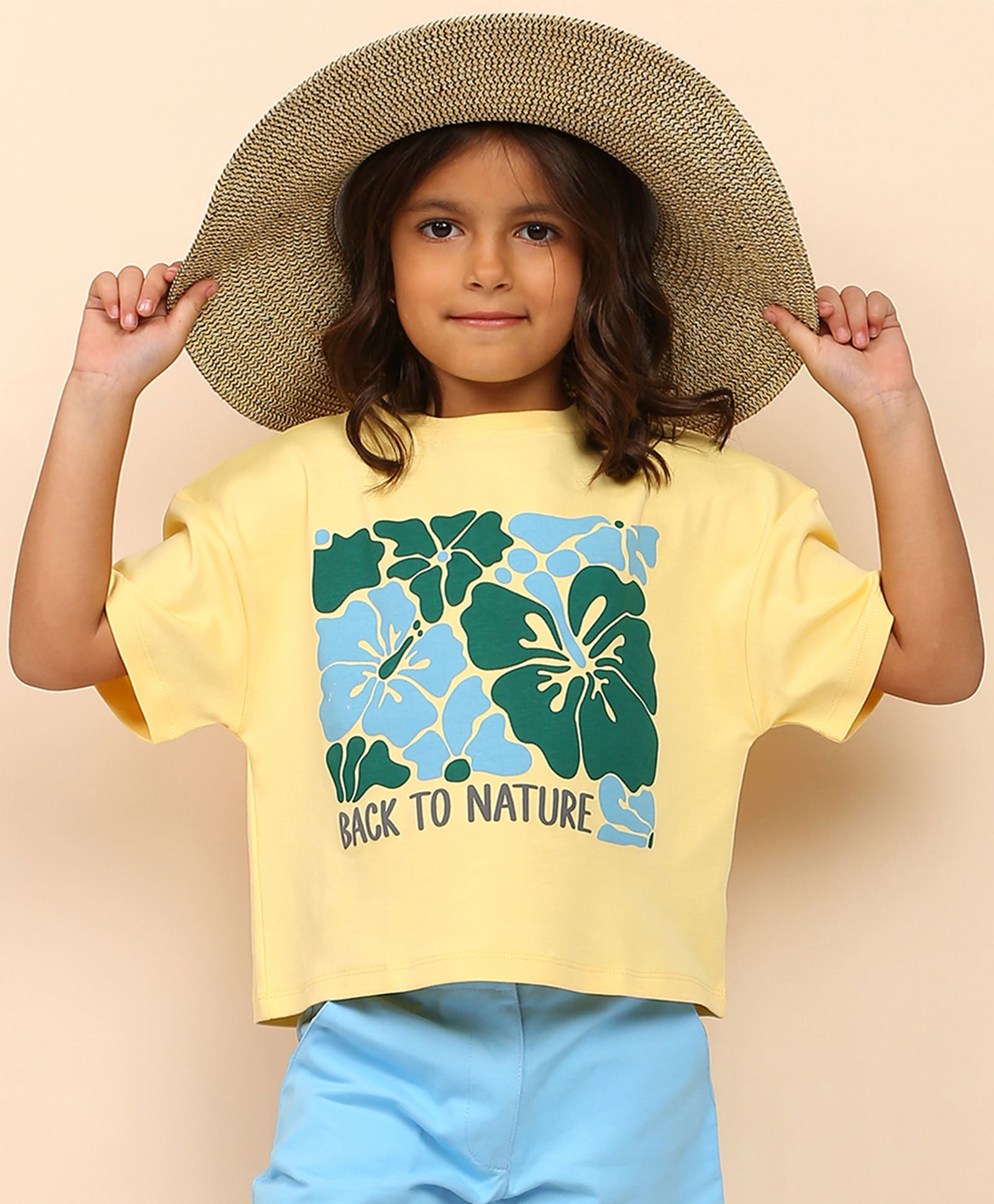 100% Cotton Nature Print Drop Shoulder Crop Tee - Yellow
