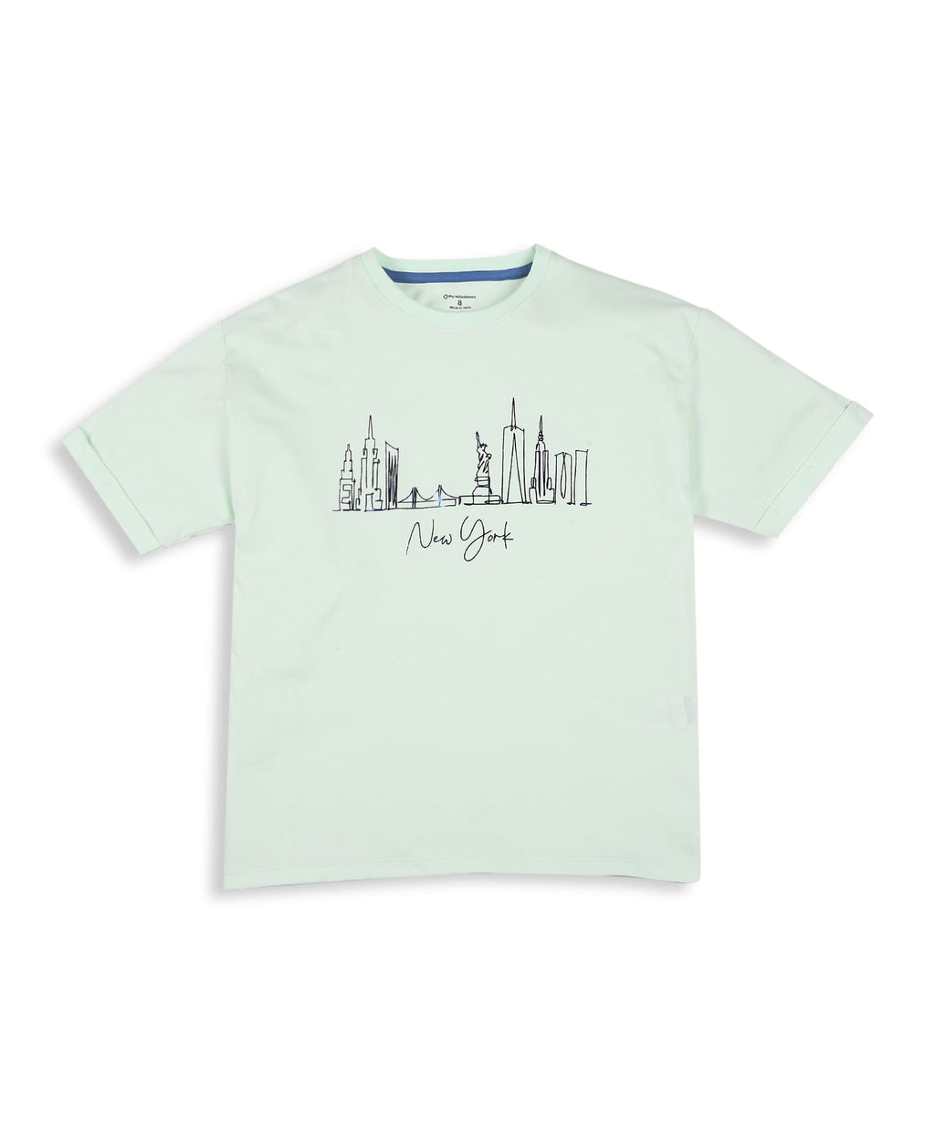 100% Cotton Drop Shoulder Tee With New York Foil Print - Light Green