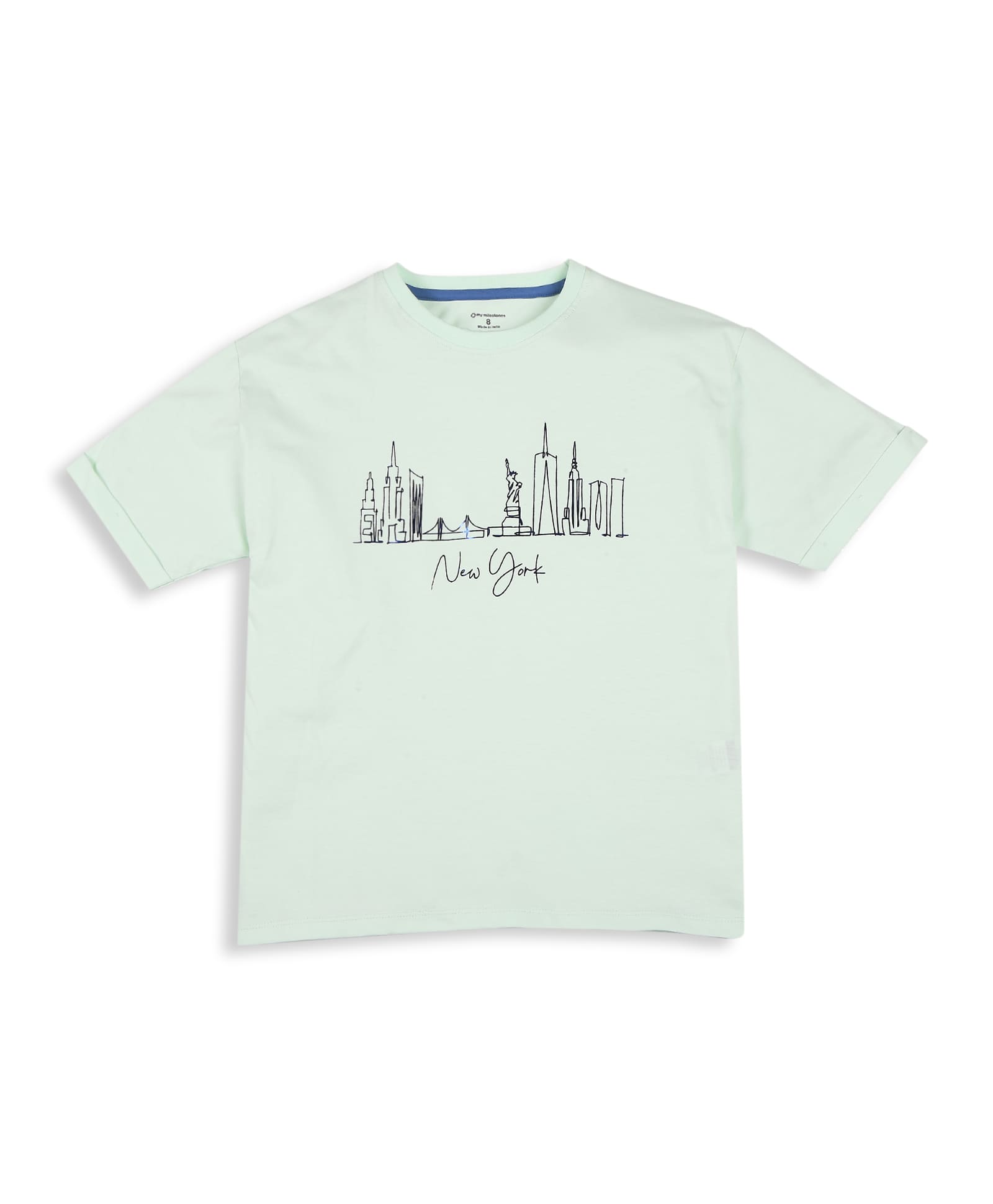 100% Cotton Drop Shoulder Tee With New York Foil Print - Light Green