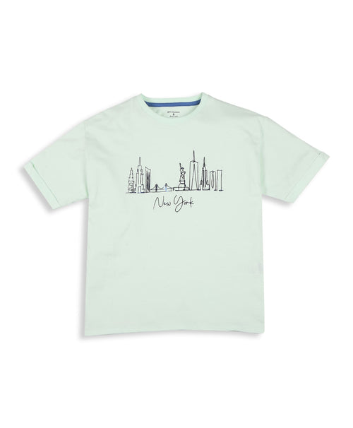 100% Cotton Drop Shoulder Tee With New York Foil Print - Light Green