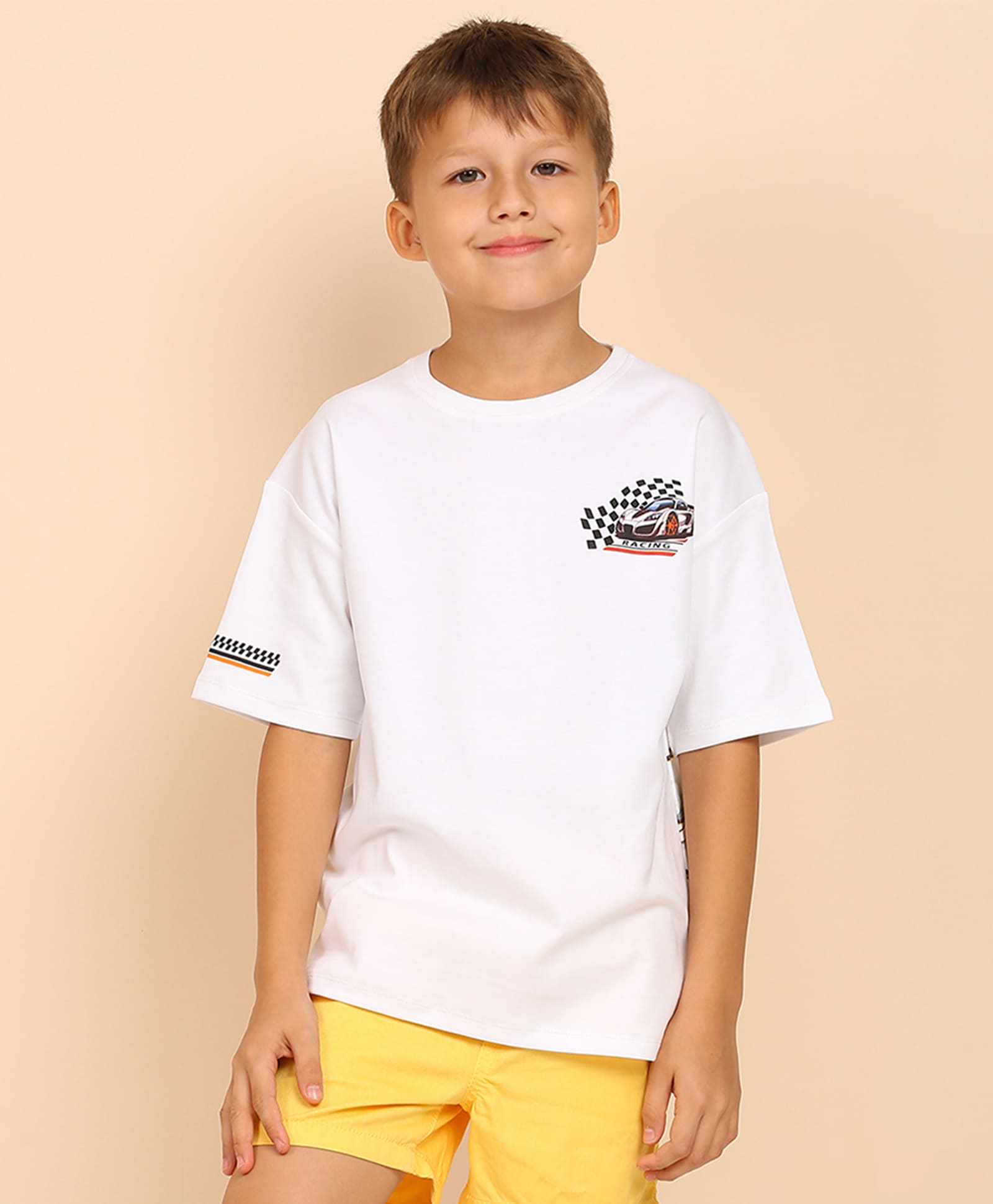 100% Cotton Racer Car Print Drop Shoulder Tee - White