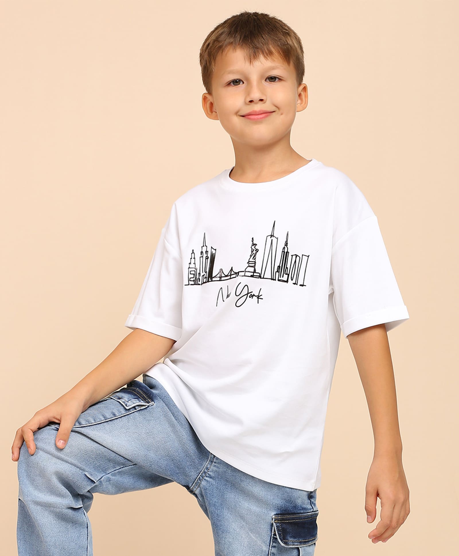 100% Cotton Drop Shoulder Tee With New York Foil Print - White