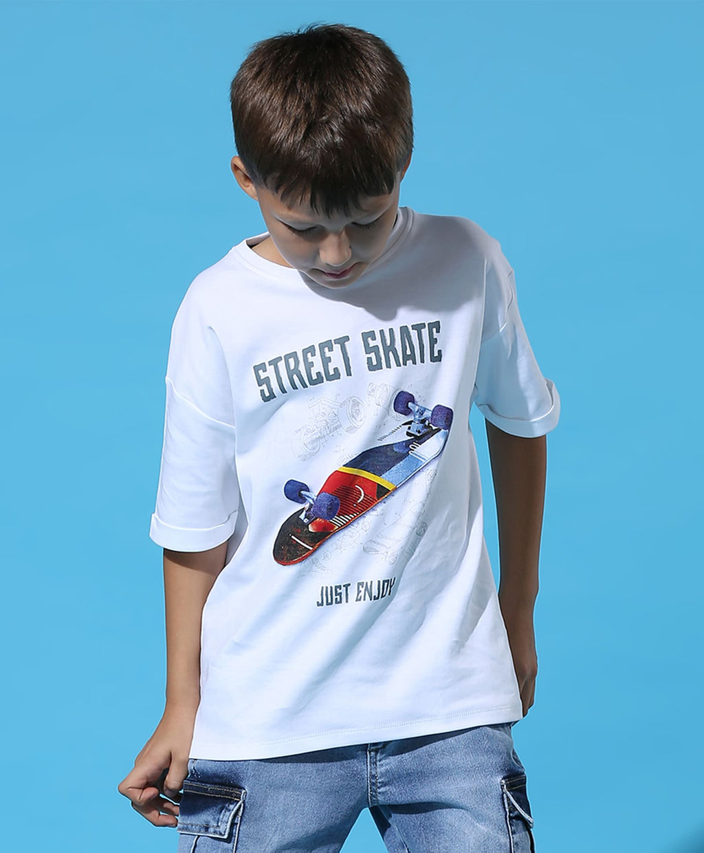 100% Cotton Drop Shoulder Tee With Cmyk Skate Print - White