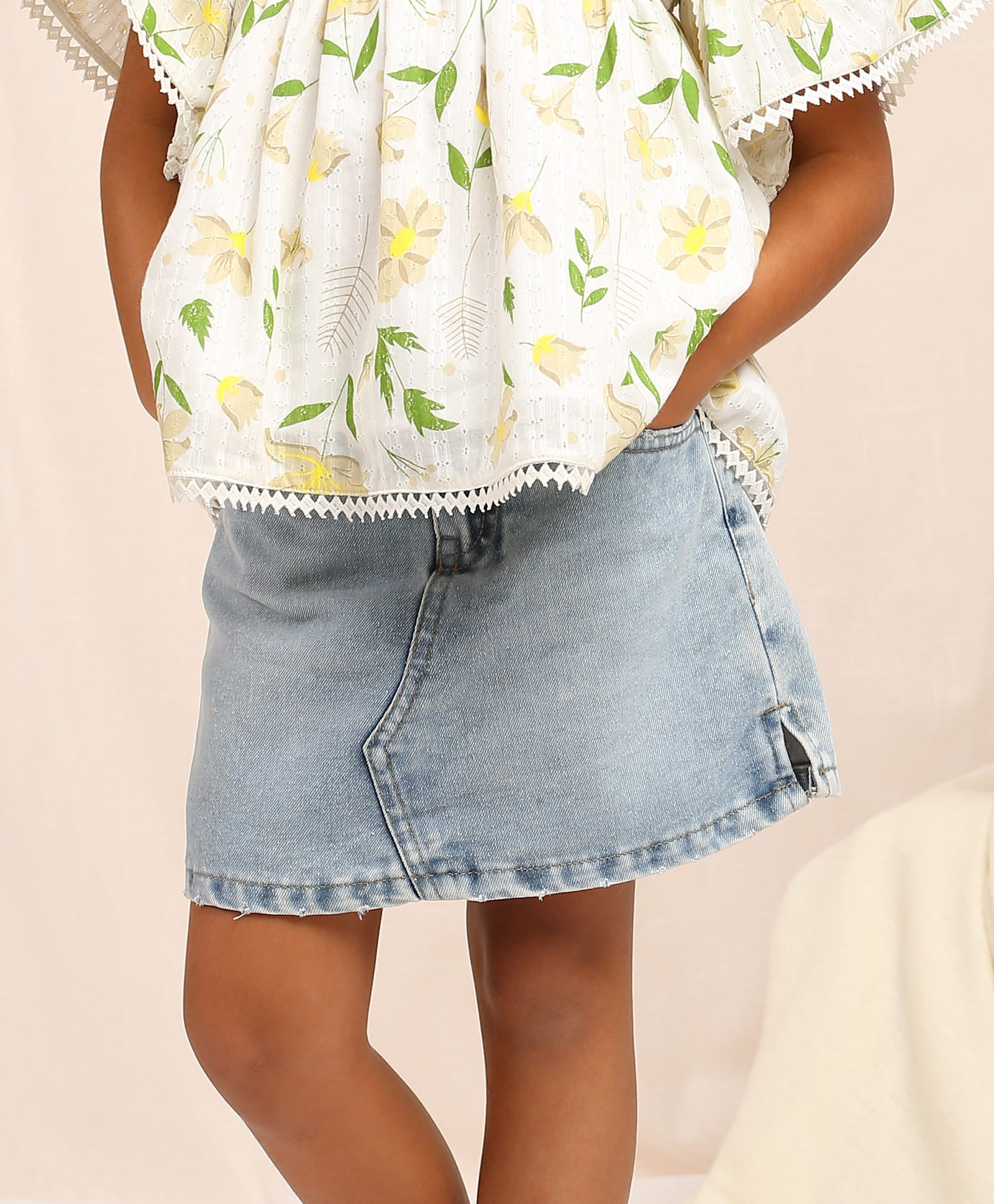 100% Cotton Light Wash Denim Skorts - Blue
