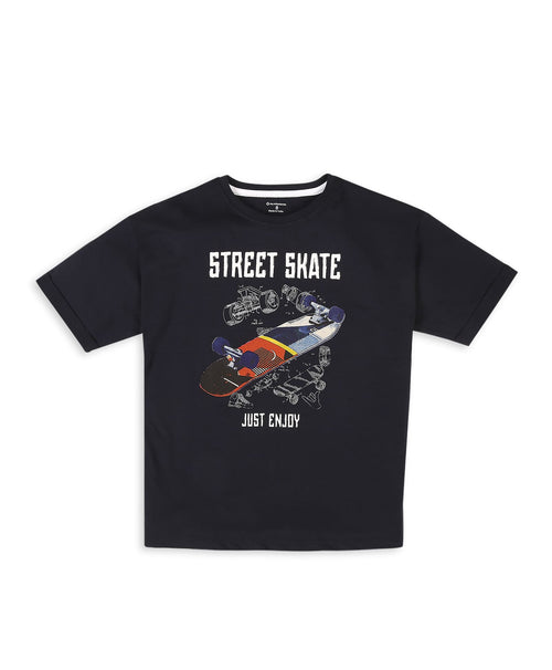 100% Cotton Drop Shoulder Tee With Cmyk Skate Print - Navy