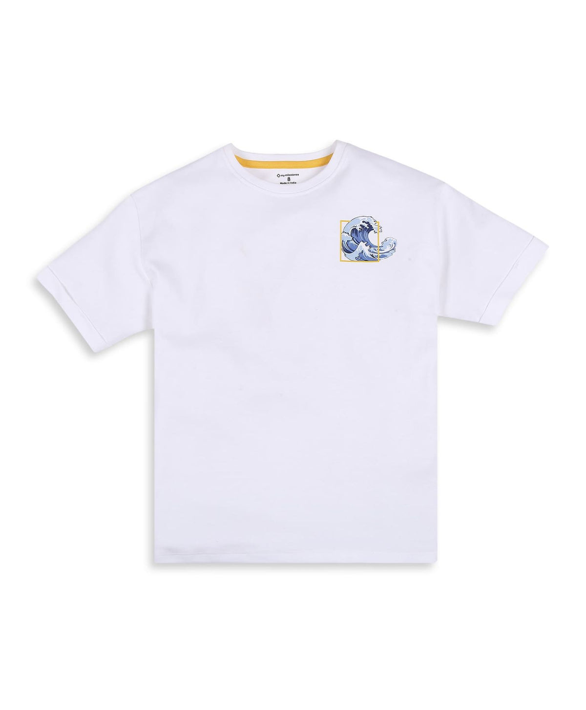 100% Cotton Drop Shoulder Tee With Front N Back Wave Print - White