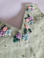 Pistachio Bloom: Hand Embroidered Mint Green Full Length Skirt Top Set In Moss Cotton Fabric