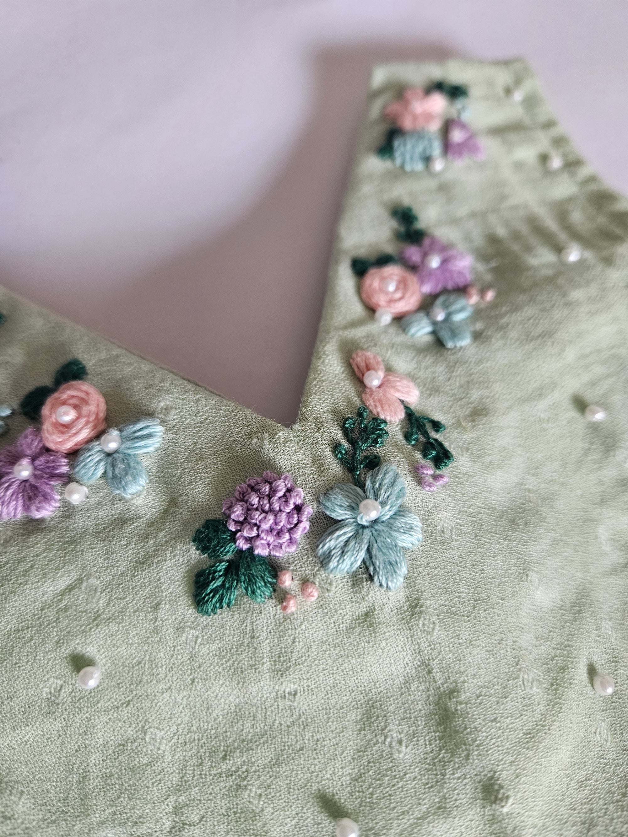 Pistachio Bloom: Hand Embroidered Mint Green Full Length Skirt Top Set In Moss Cotton Fabric