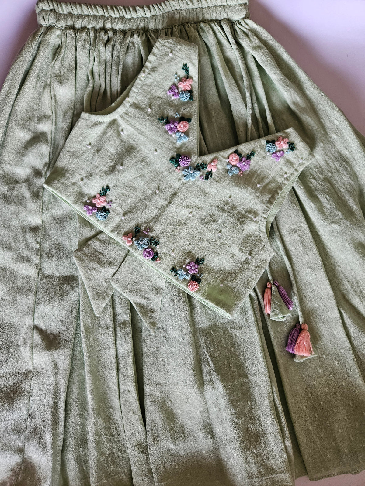 Pistachio Bloom: Hand Embroidered Mint Green Full Length Skirt Top Set In Moss Cotton Fabric