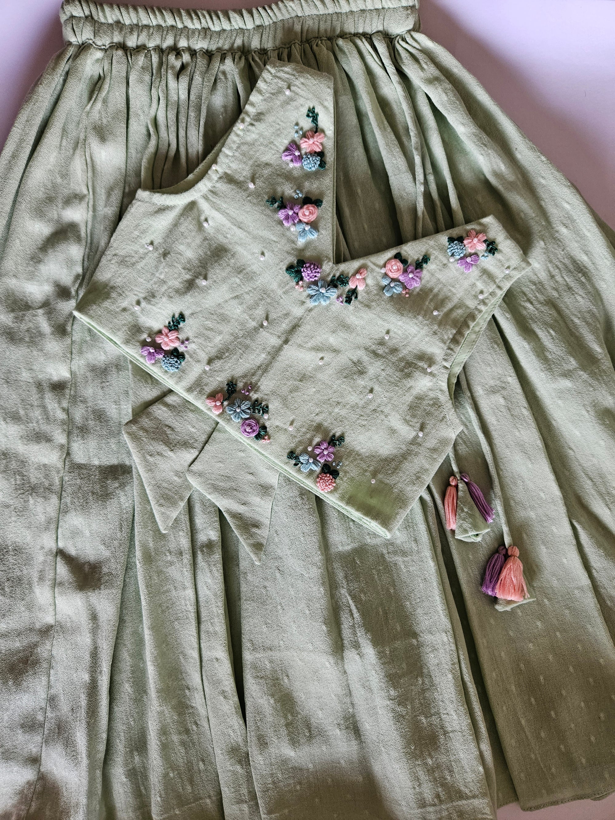 Pistachio Bloom: Hand Embroidered Mint Green Full Length Skirt Top Set In Moss Cotton Fabric