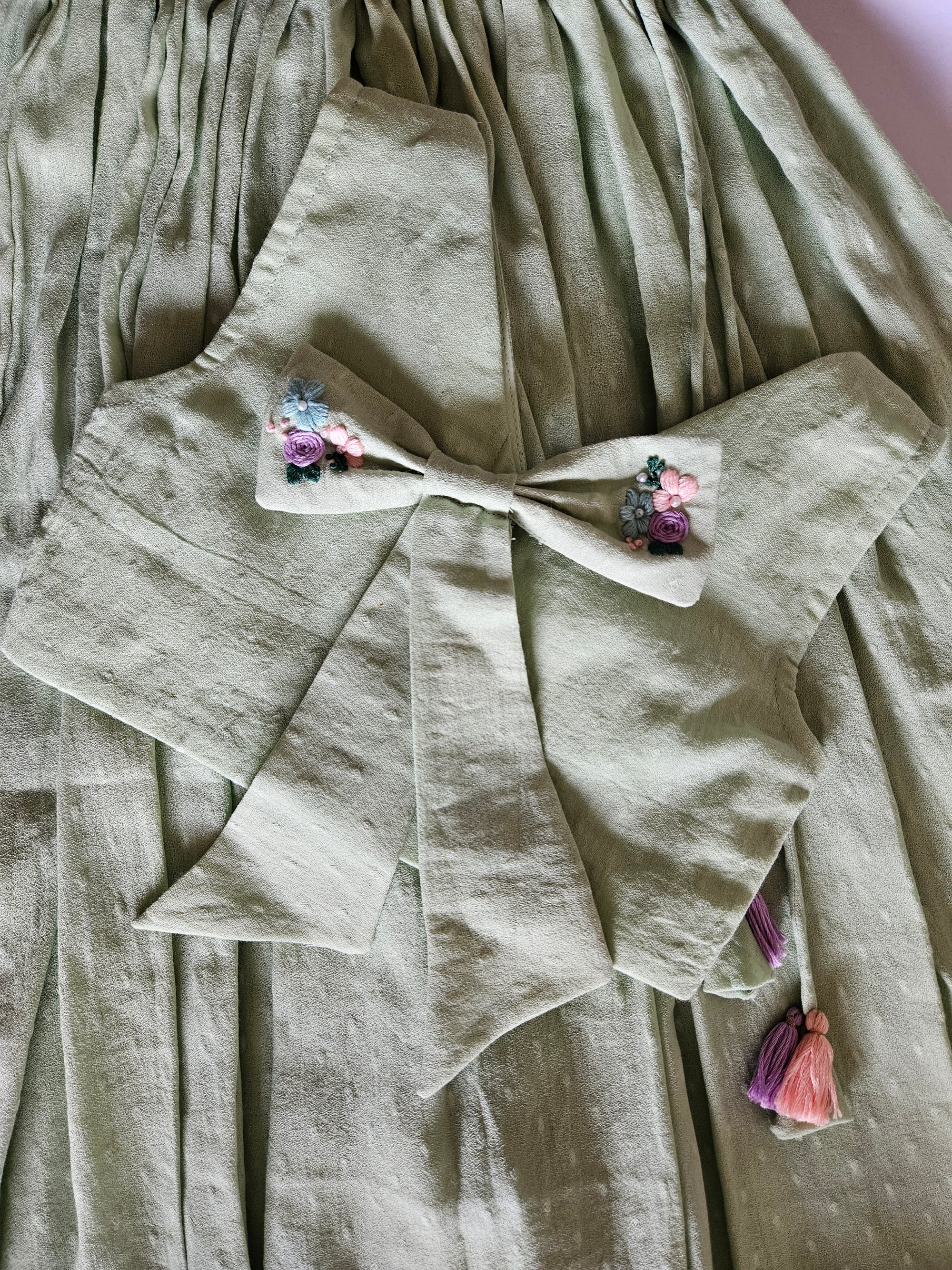Pistachio Bloom: Hand Embroidered Mint Green Full Length Skirt Top Set In Moss Cotton Fabric