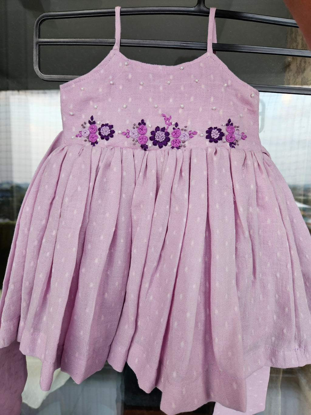 Lovely Lavender: Hand Embroidered Knee Length Lavender Dress In Moss Cotton Fabric With Sailor Bow