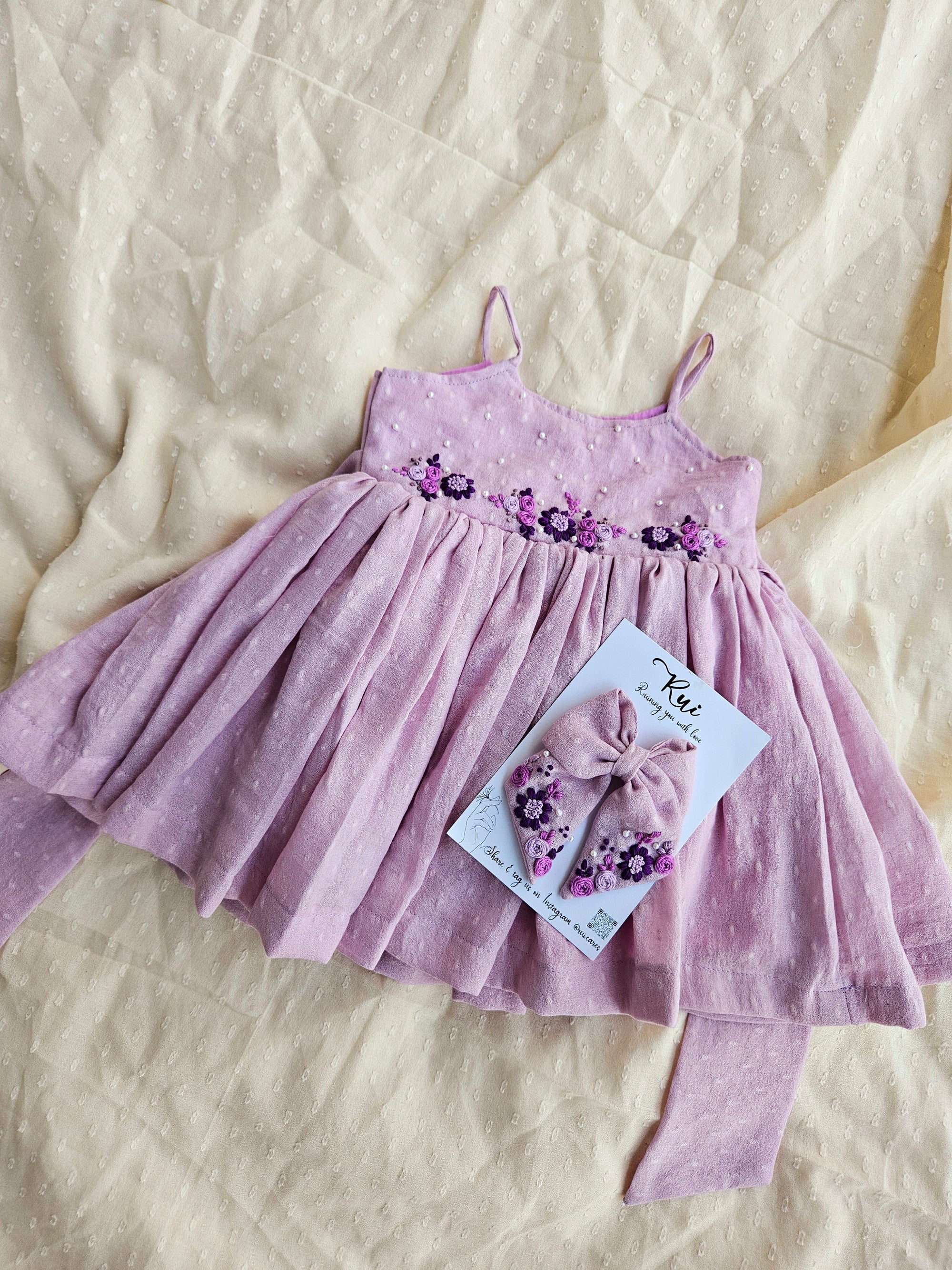 Lovely Lavender: Hand Embroidered Knee Length Lavender Dress In Moss Cotton Fabric With Sailor Bow