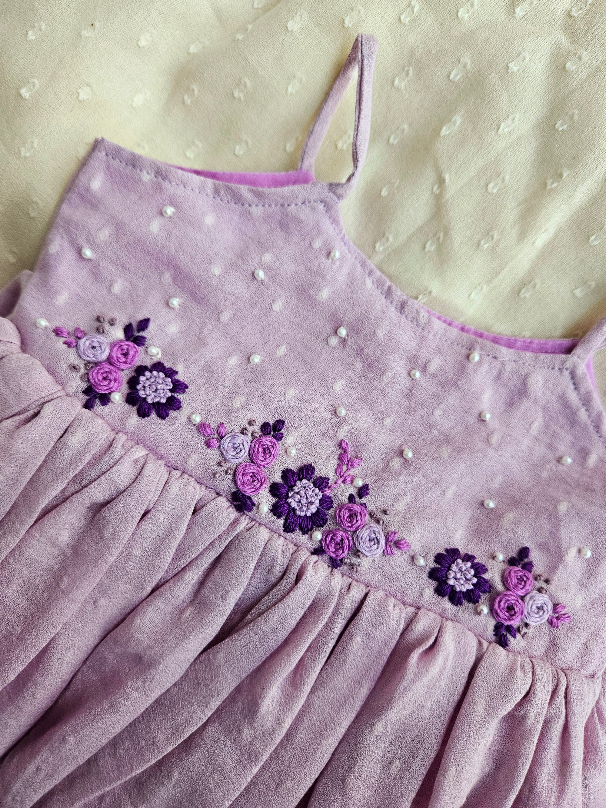 Lovely Lavender: Hand Embroidered Knee Length Lavender Dress In Moss Cotton Fabric With Sailor Bow