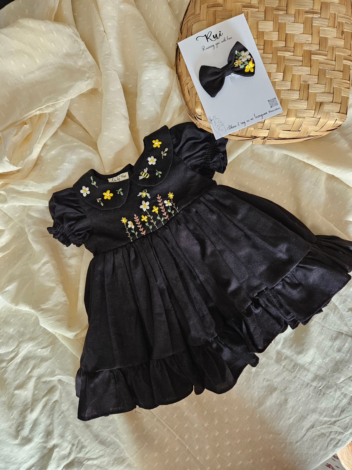 Bee Dress: Hand Embroidered Knee Length Black Dress In Moss Cotton Fabric With Bowclip