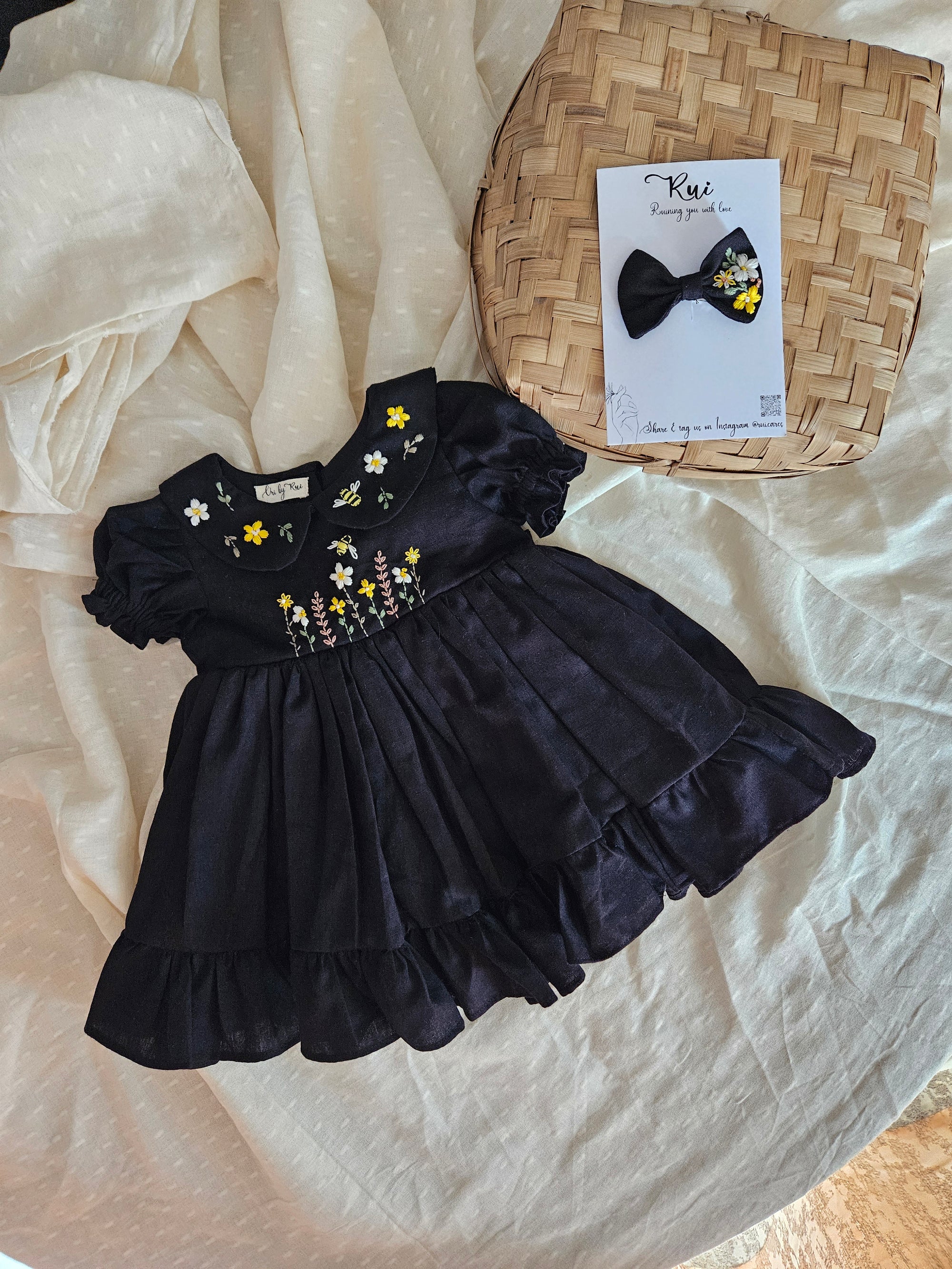 Bee Dress: Hand Embroidered Knee Length Black Dress In Moss Cotton Fabric With Bowclip