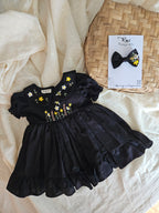 Bee Dress: Hand Embroidered Knee Length Black Dress In Moss Cotton Fabric With Bowclip